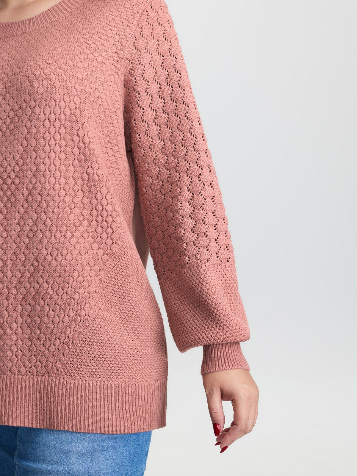 Textured Lantern Sleeve Ribbed-Hem Pullover