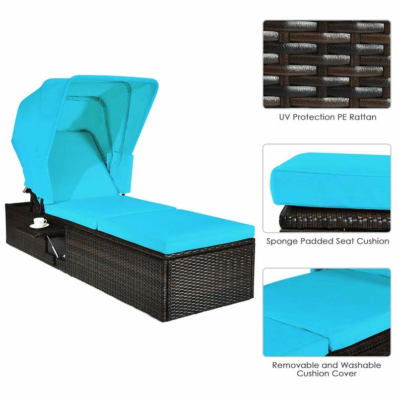 Cushioned Rattan Outdoor Chaise Lounge Chair Sun Lounger 5 Position With Folding Canopy Amp Flip Up Tea Table - Comfortable And Ergonomic Design