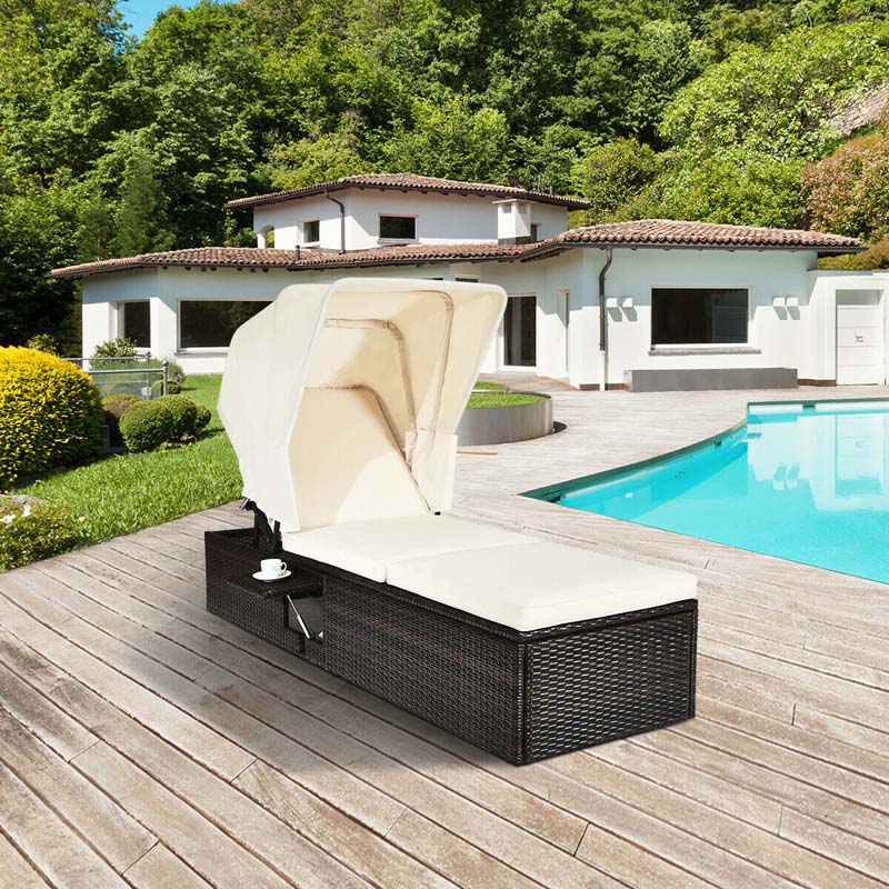 Cushioned Rattan Outdoor Chaise Lounge Chair Sun Lounger 5 Position With Folding Canopy Amp Flip Up Tea Table - Comfortable And Ergonomic Design