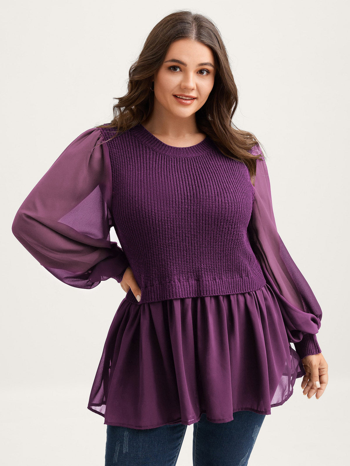 Balloon Sleeve Solid Twofer Sweater