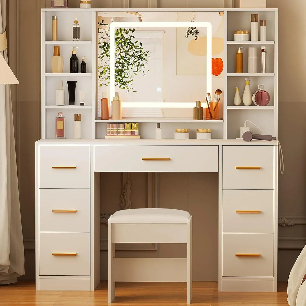 ANWBROAD Vanity Desk Table with Lighted Mirror 39.4 Girls Makeup Vanity