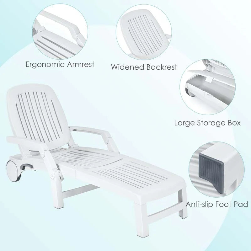 Weatherproof Folding Sun Lounger With Wheels 6 Position Plastic Outdoor Chaise Lounge Chair For Pool Beach Lawn - Comfortable And Ergonomic Design