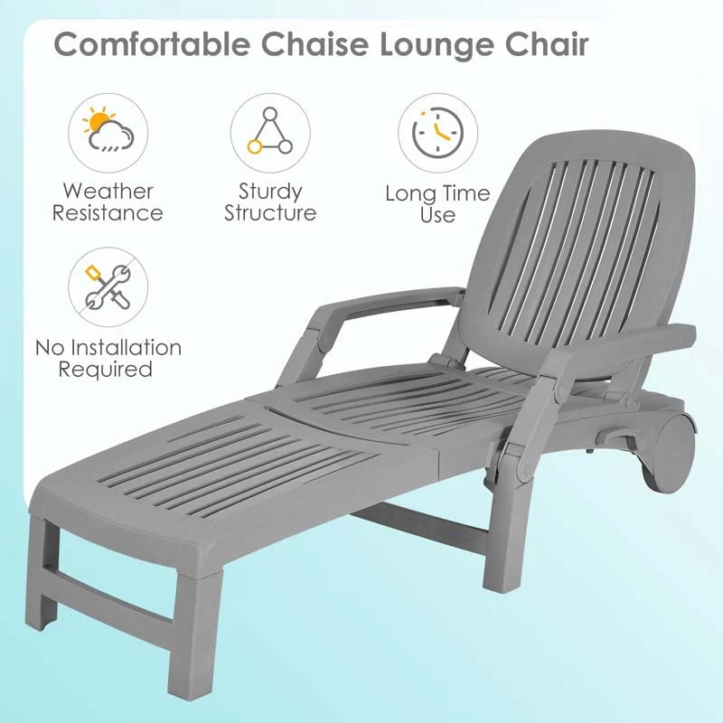 Weatherproof Folding Sun Lounger With Wheels 6 Position Plastic Outdoor Chaise Lounge Chair For Pool Beach Lawn - Comfortable And Ergonomic Design