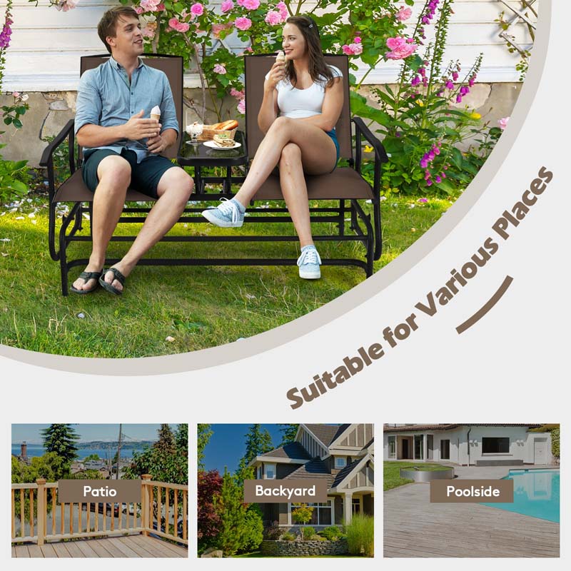 2 Person Outdoor Bench Glider Chair With Center Table Mesh Fabric Rocking Loveseat For Patio - Comfortable And Ergonomic Design
