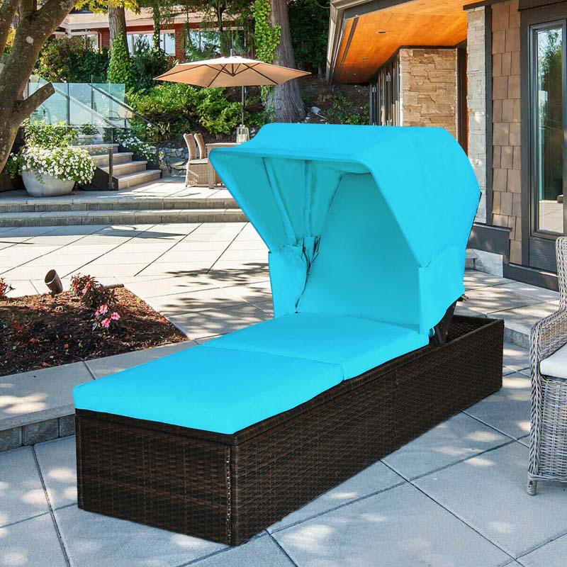 Cushioned Rattan Outdoor Chaise Lounge Chair Sun Lounger 5 Position With Folding Canopy Amp Flip Up Tea Table - Comfortable And Ergonomic Design