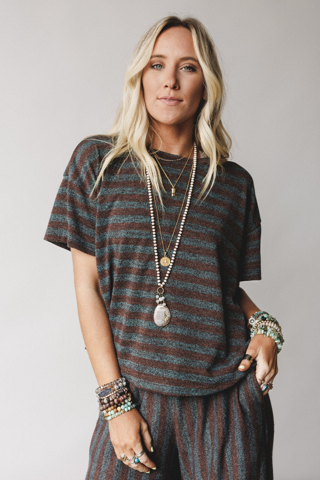 The Nest Ibiza Breeze Striped Top - Mint Brown