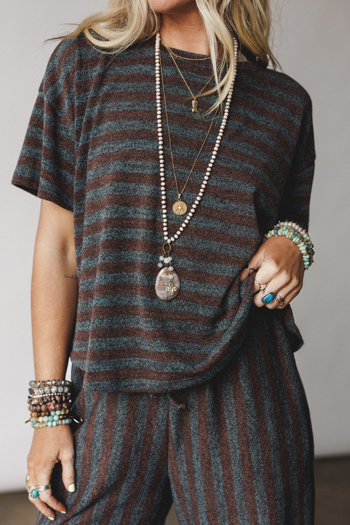 The Nest Ibiza Breeze Striped Top - Mint Brown