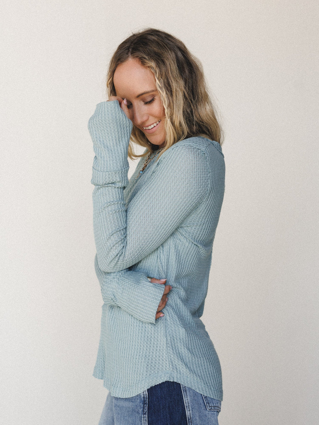 The Nest Jacqueline Waffle Long Sleeve Top - Dusty Blue