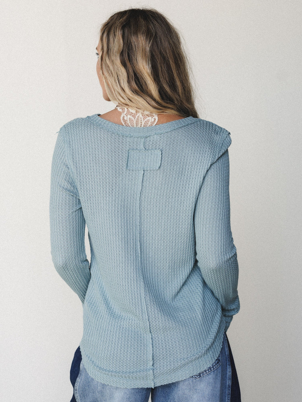The Nest Jacqueline Waffle Long Sleeve Top - Dusty Blue