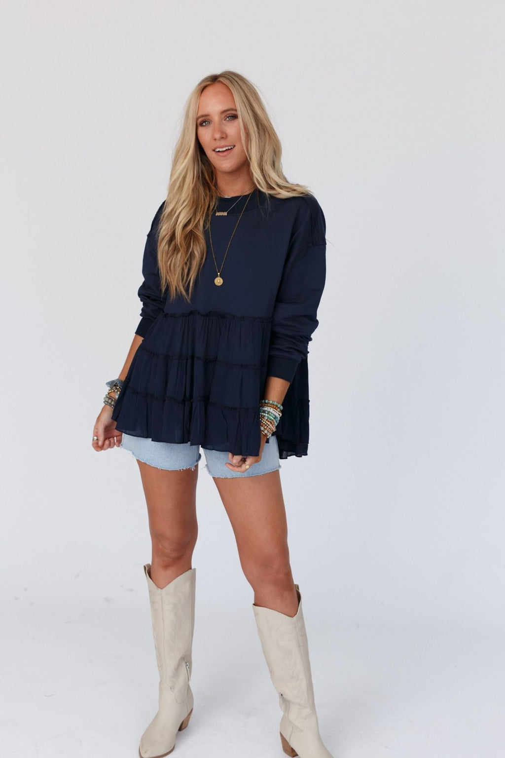 Madeira Tiered Babydoll Top - Navy