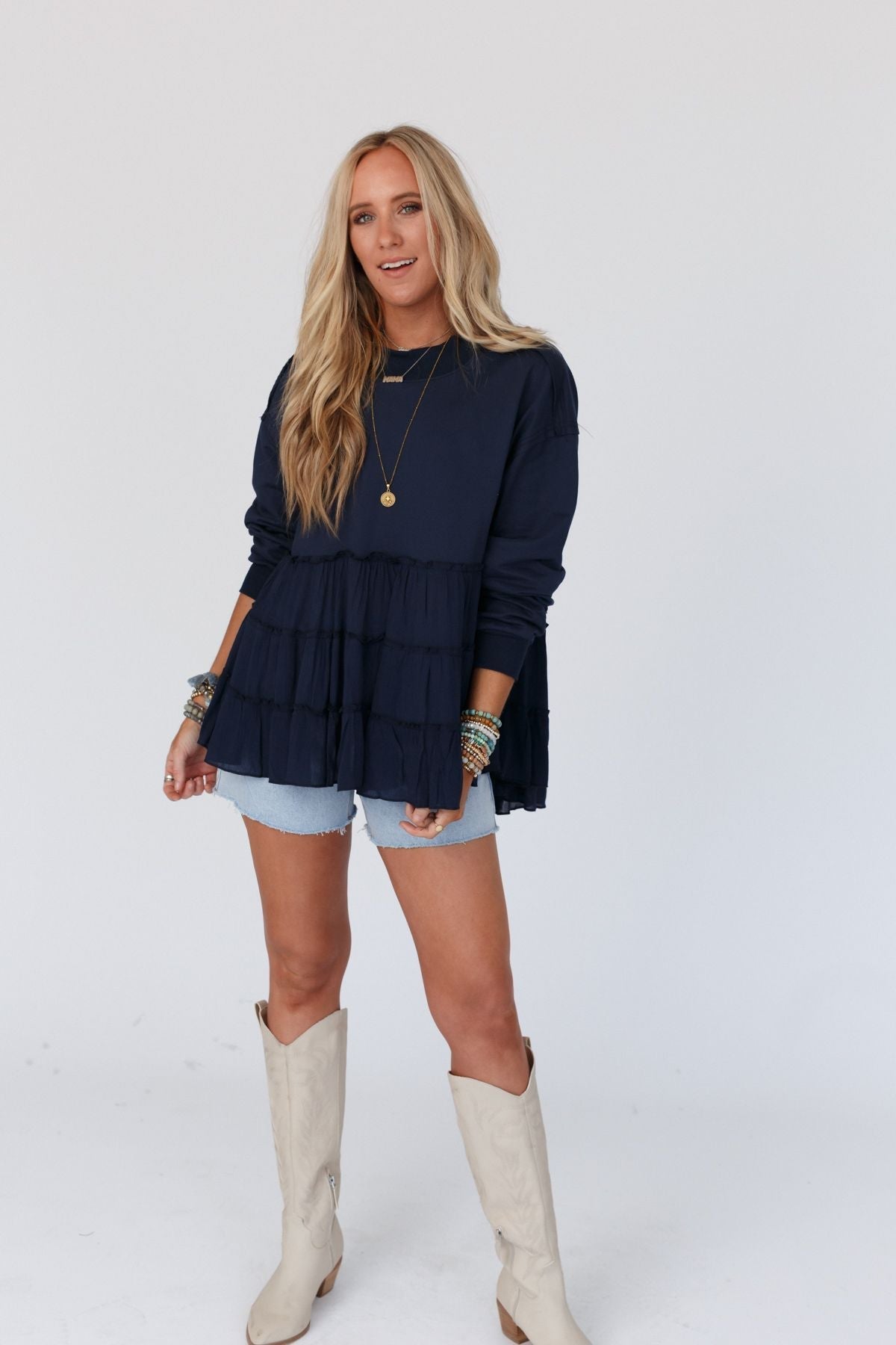 Madeira Tiered Babydoll Top - Navy