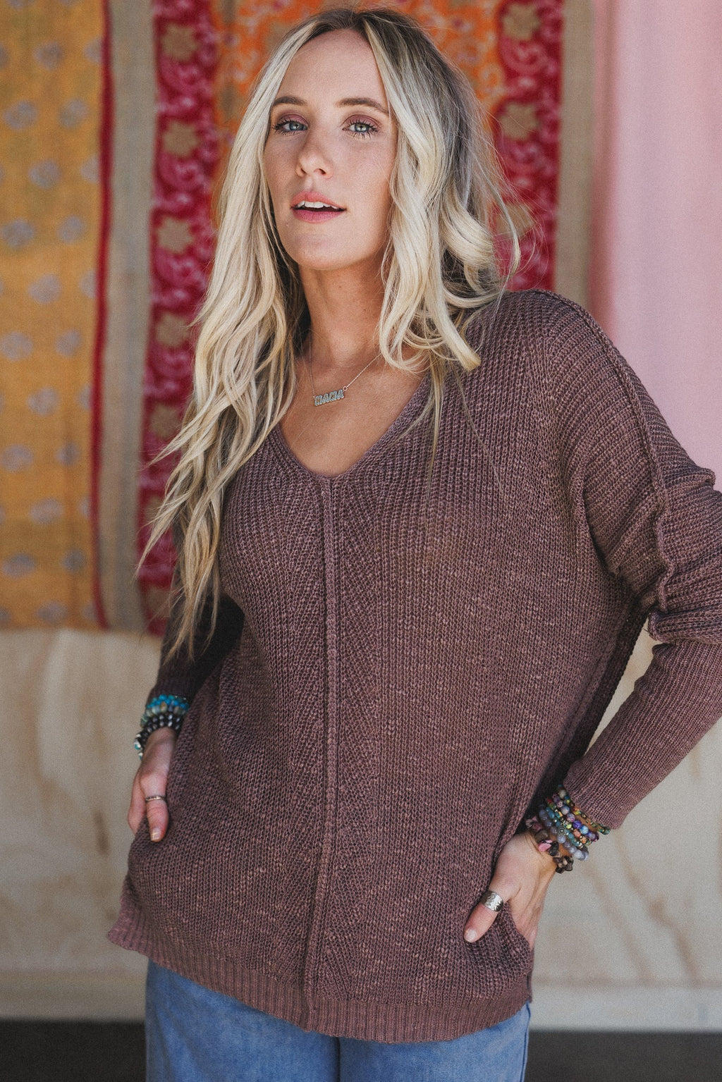 Moonlit Layers V Neck Top - Mushroom
