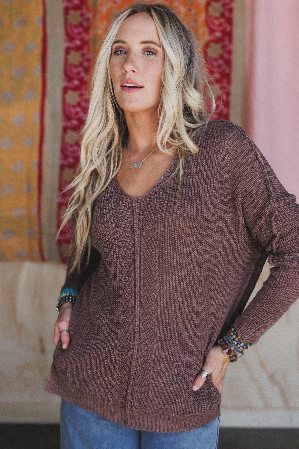 Moonlit Layers V Neck Top - Mushroom