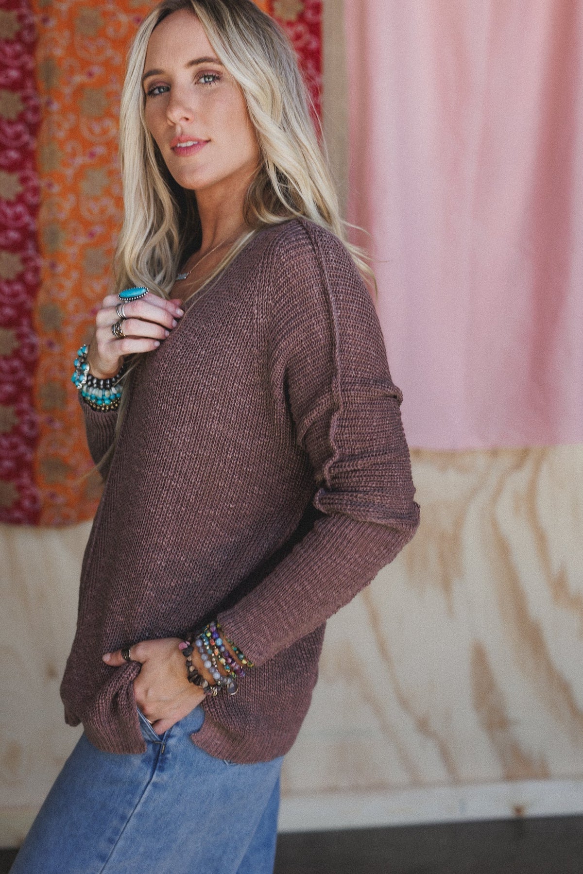 Moonlit Layers V Neck Top - Mushroom