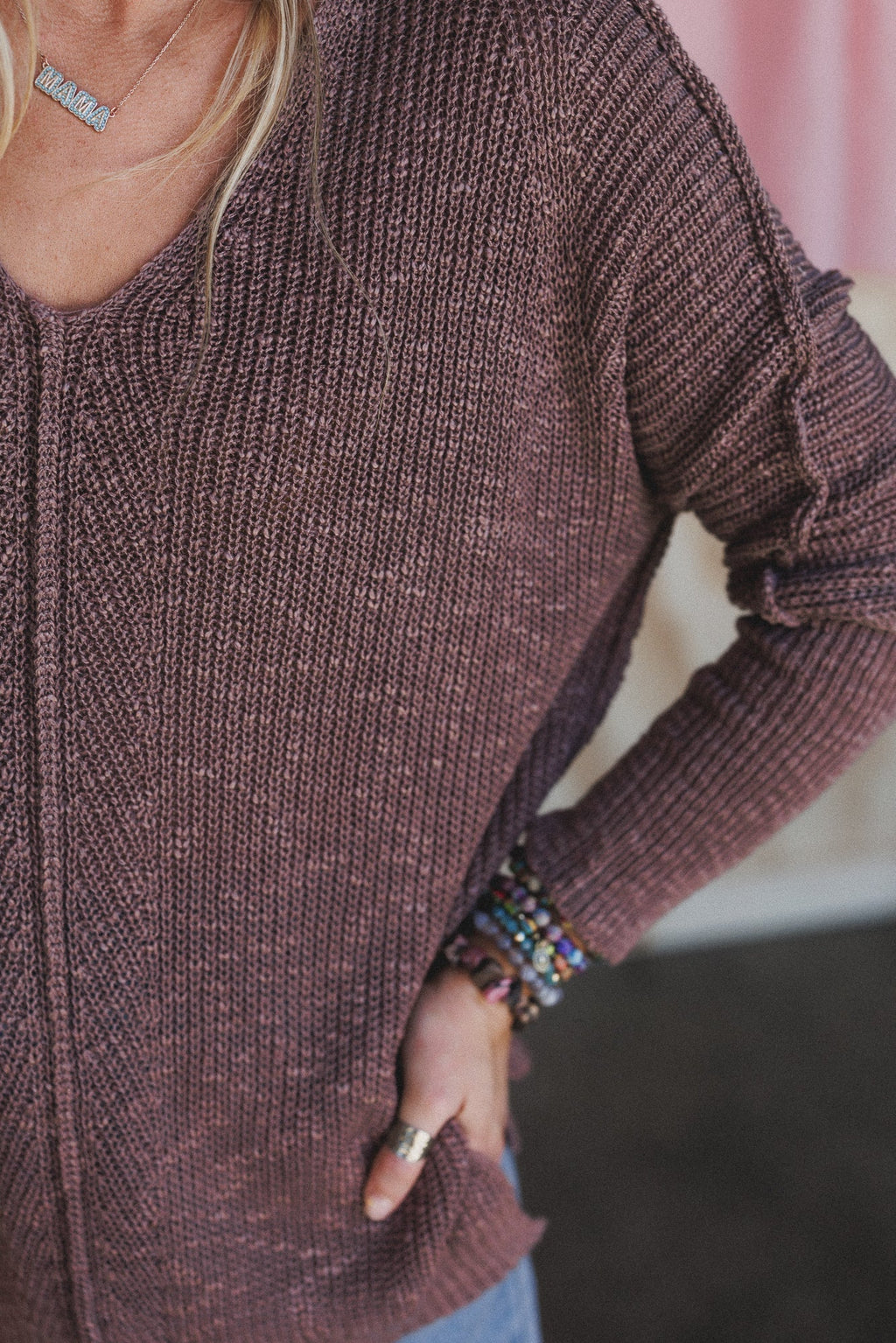 Moonlit Layers V Neck Top - Mushroom