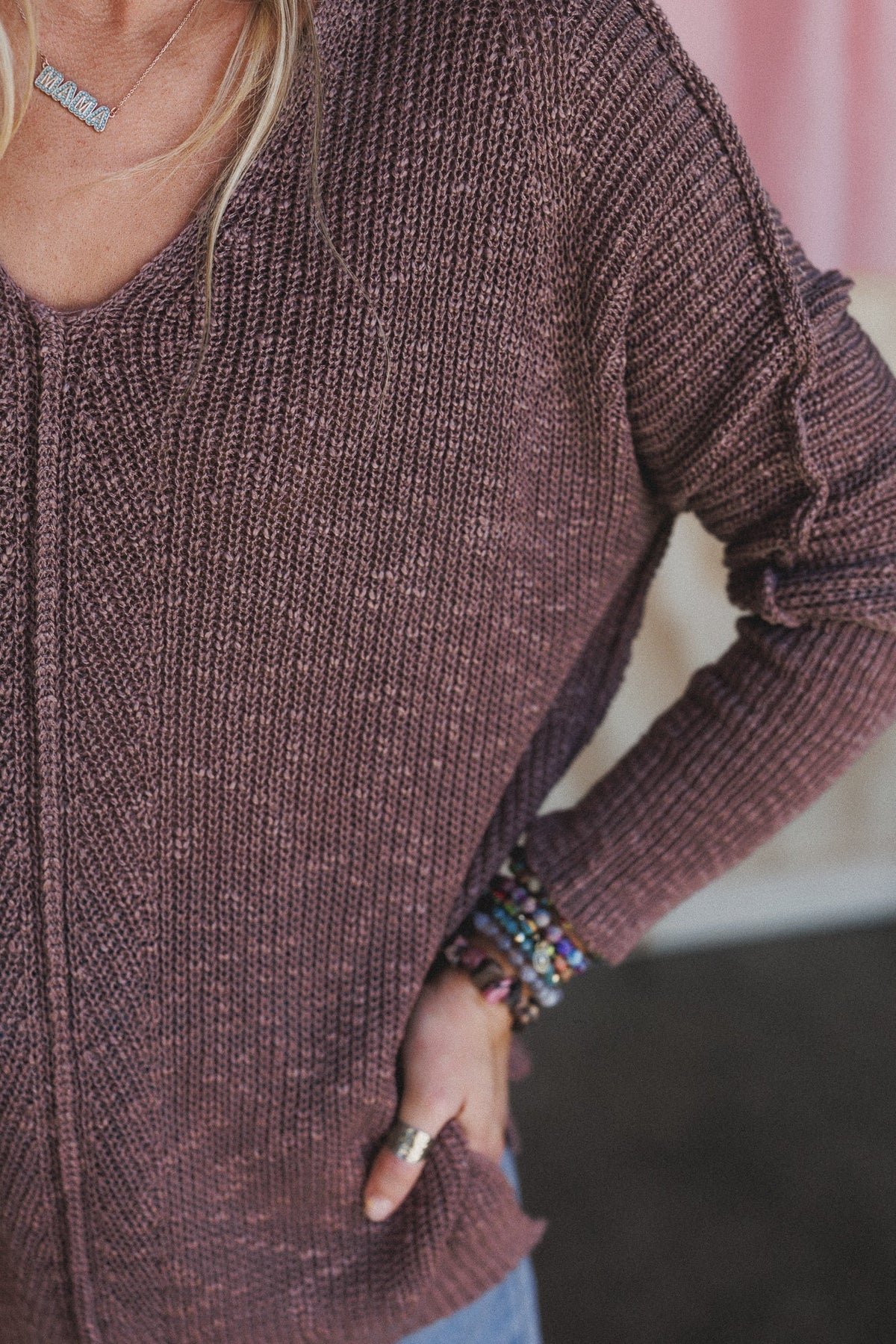 Moonlit Layers V Neck Top - Mushroom