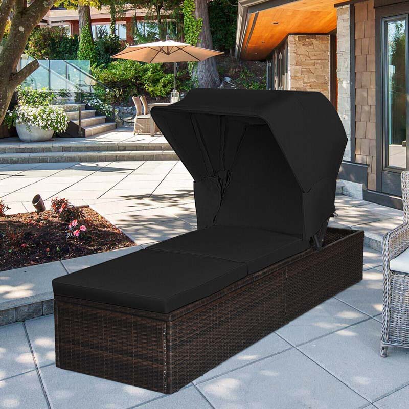 Cushioned Rattan Outdoor Chaise Lounge Chair Sun Lounger 5 Position With Folding Canopy Amp Flip Up Tea Table - Comfortable And Ergonomic Design