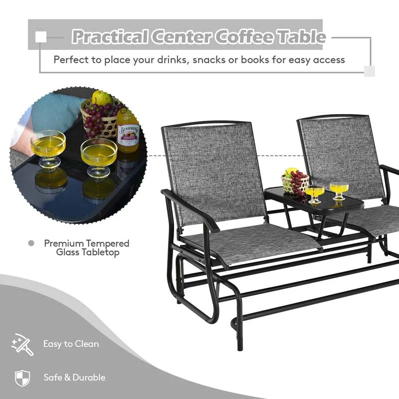 2 Person Outdoor Bench Glider Chair With Center Table Mesh Fabric Rocking Loveseat For Patio - Comfortable And Ergonomic Design