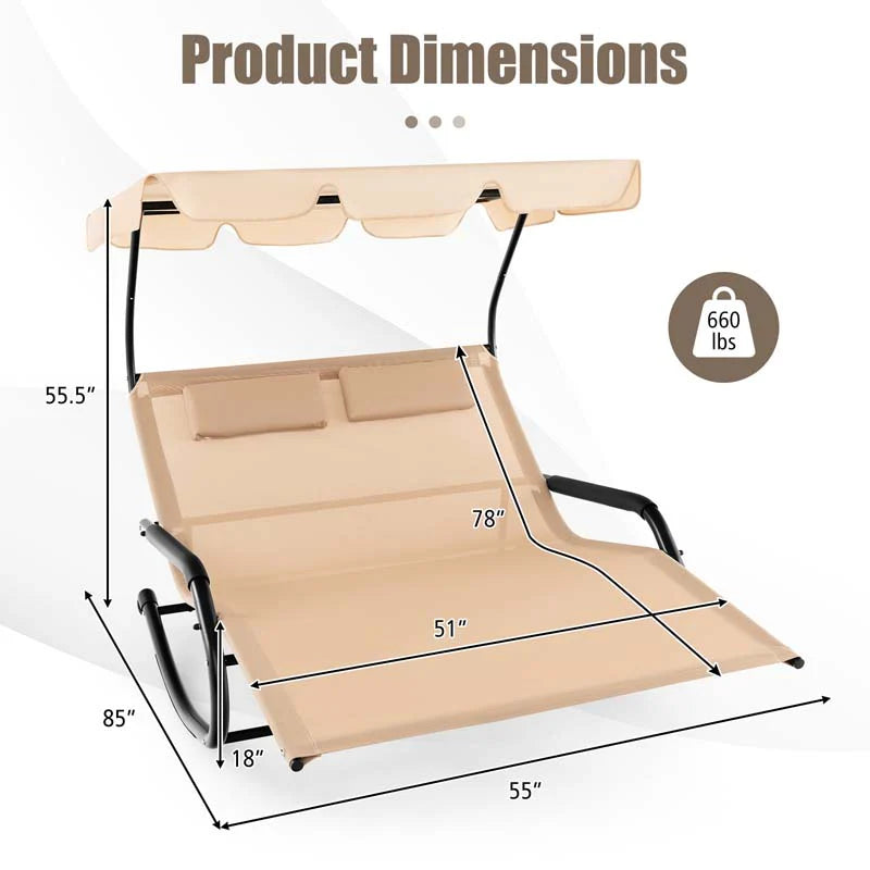 2 Person Patio Hammock Bed Swing Chair Extra Large Outdoor Rocking Chaise Lounge With Adjustable Canopy And Wheels - Comfortable And Ergonomic Design