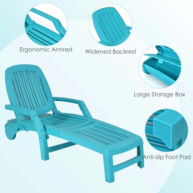Weatherproof Folding Sun Lounger With Wheels 6 Position Plastic Outdoor Chaise Lounge Chair For Pool Beach Lawn - Comfortable And Ergonomic Design
