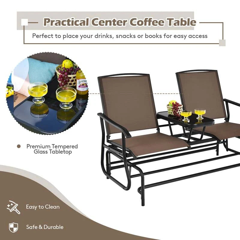 2 Person Outdoor Bench Glider Chair With Center Table Mesh Fabric Rocking Loveseat For Patio - Comfortable And Ergonomic Design