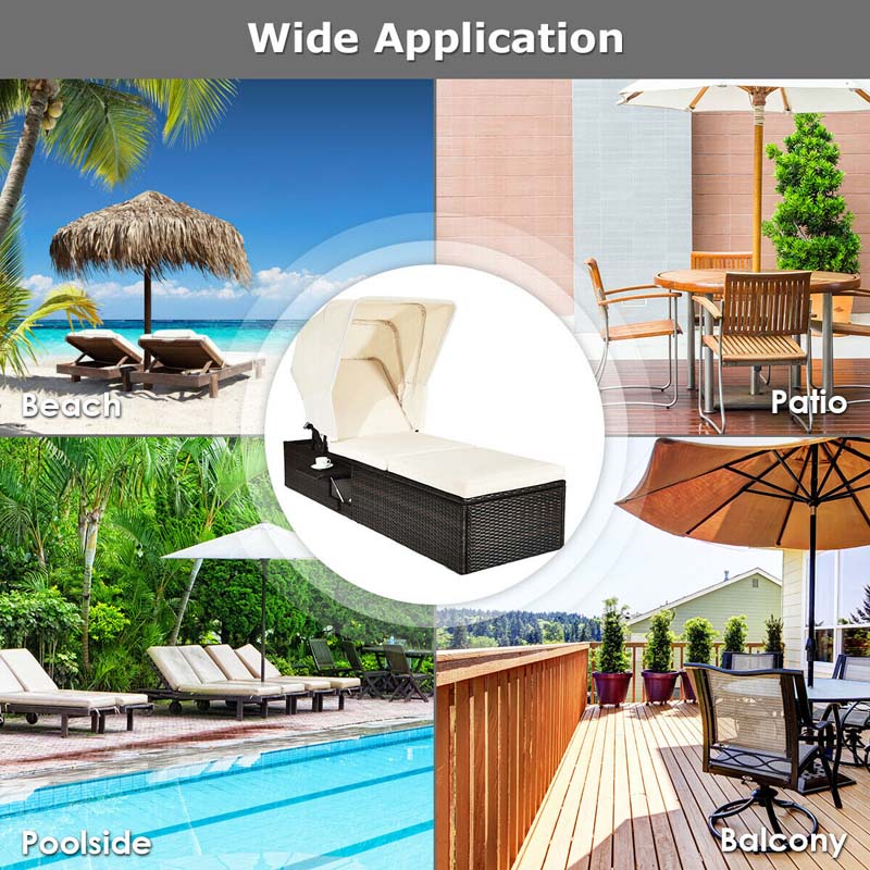 Cushioned Rattan Outdoor Chaise Lounge Chair Sun Lounger 5 Position With Folding Canopy Amp Flip Up Tea Table - Comfortable And Ergonomic Design
