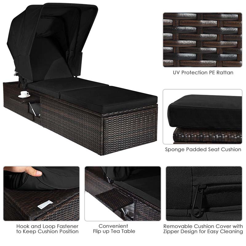 Cushioned Rattan Outdoor Chaise Lounge Chair Sun Lounger 5 Position With Folding Canopy Amp Flip Up Tea Table - Comfortable And Ergonomic Design