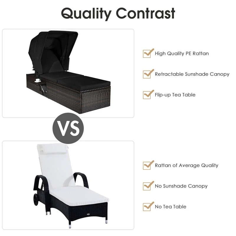 Cushioned Rattan Outdoor Chaise Lounge Chair Sun Lounger 5 Position With Folding Canopy Amp Flip Up Tea Table - Comfortable And Ergonomic Design