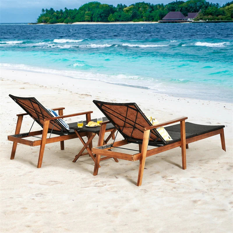 Acacia Wood Amp Rattan Patio Beach Outdoor Chaise Lounge Chairs Pool Sun Lounger Set With Folding Side Table - High Quality Set For Everyday Use