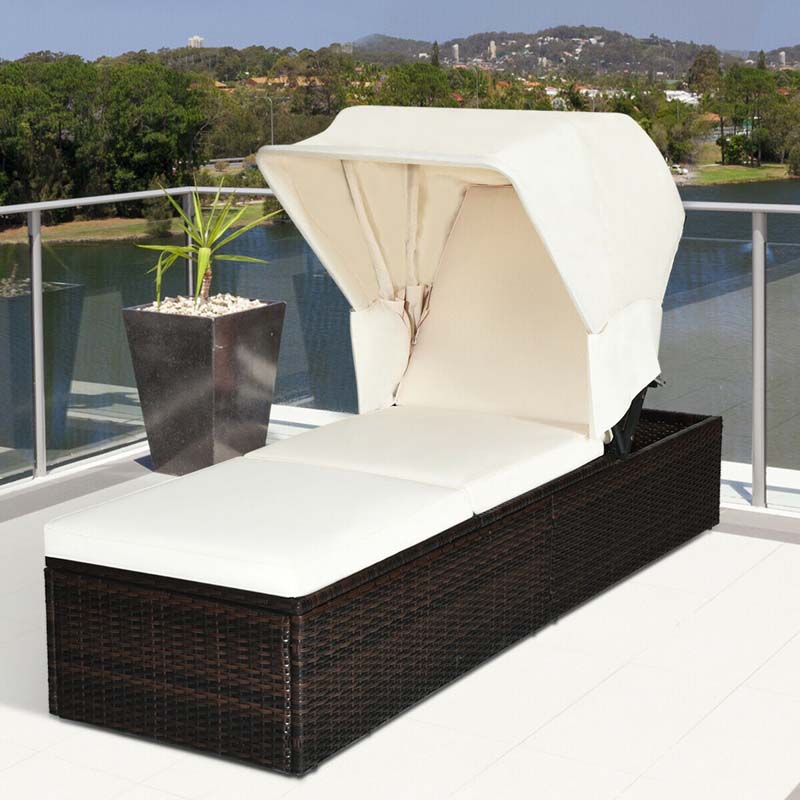 Cushioned Rattan Outdoor Chaise Lounge Chair Sun Lounger 5 Position With Folding Canopy Amp Flip Up Tea Table - Comfortable And Ergonomic Design
