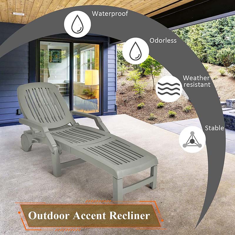 Weatherproof Folding Sun Lounger With Wheels 6 Position Plastic Outdoor Chaise Lounge Chair For Pool Beach Lawn - Comfortable And Ergonomic Design