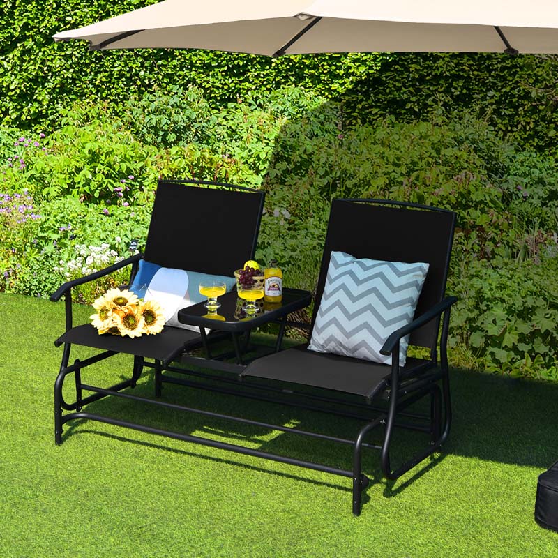 2 Person Outdoor Bench Glider Chair With Center Table Mesh Fabric Rocking Loveseat For Patio - Comfortable And Ergonomic Design