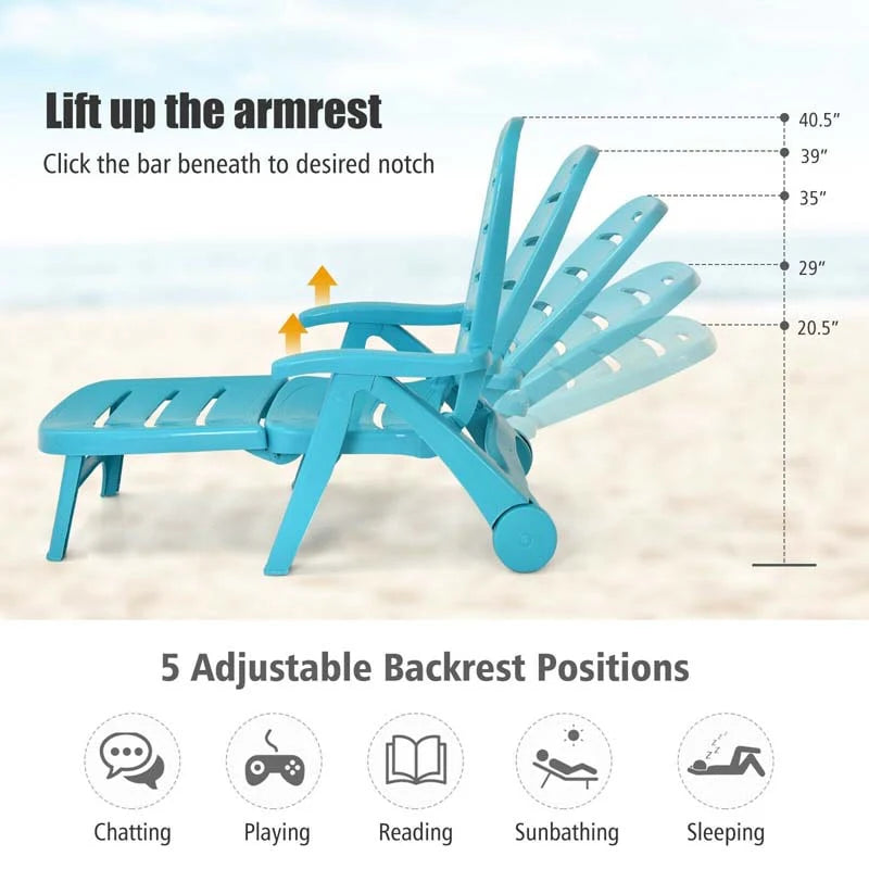 Rolling Folding Plastic Pool Lounge Chair With Armrests 5 Position Outdoor Sun Lounger Patio Deck Chair Beach Chair - Comfortable And Ergonomic Design