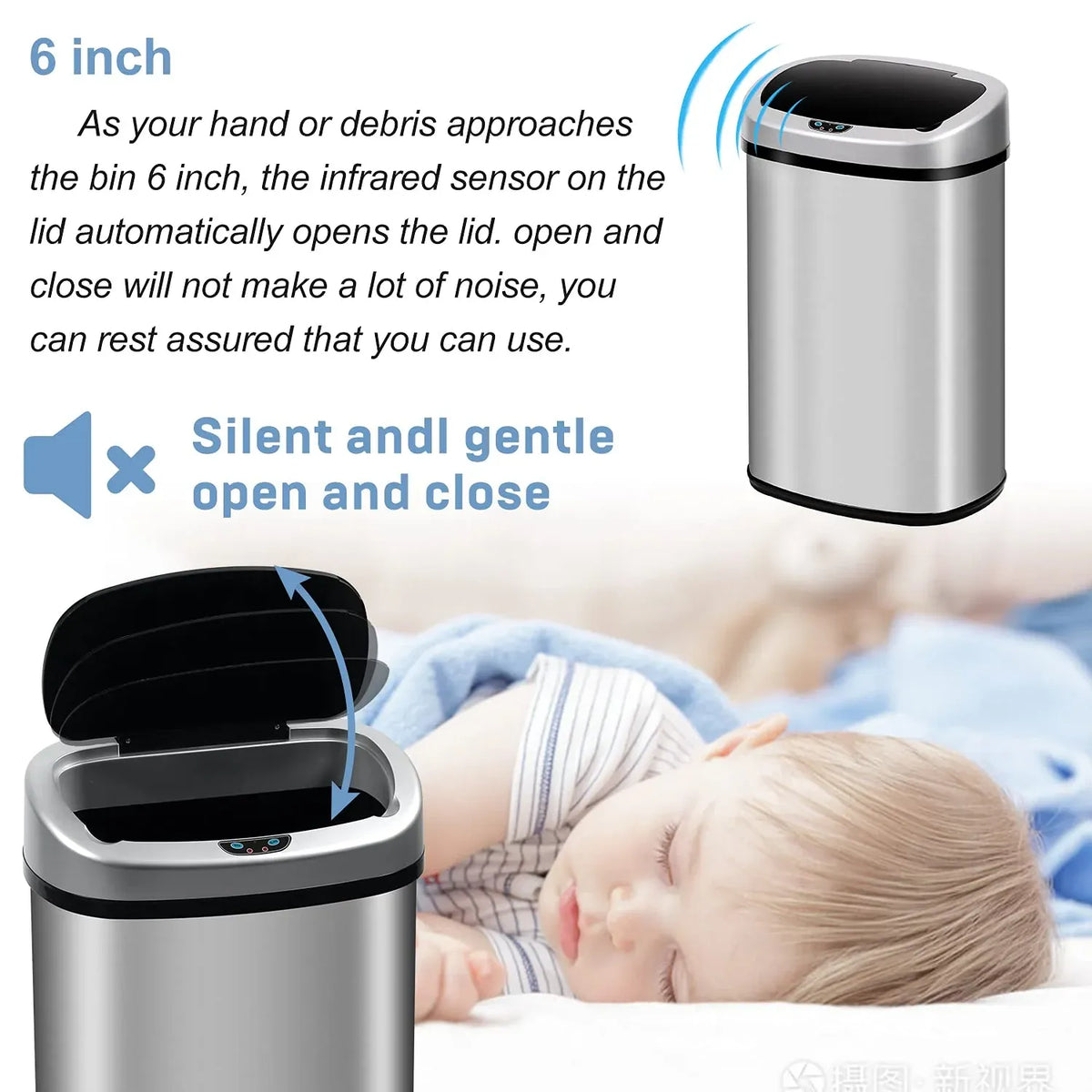 Bigacc 13 Gallon 50 Liter Kitchen Trash Can with Touch-Free & Motion Sensor, Automatic Stainless-Steel Garbage Can, Anti-Fingerprint Mute Designed Trash Bin Brushed Stainless Steel