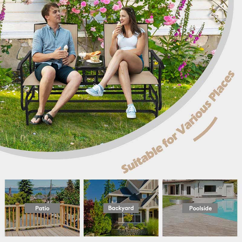 2 Person Outdoor Bench Glider Chair With Center Table Mesh Fabric Rocking Loveseat For Patio - Comfortable And Ergonomic Design