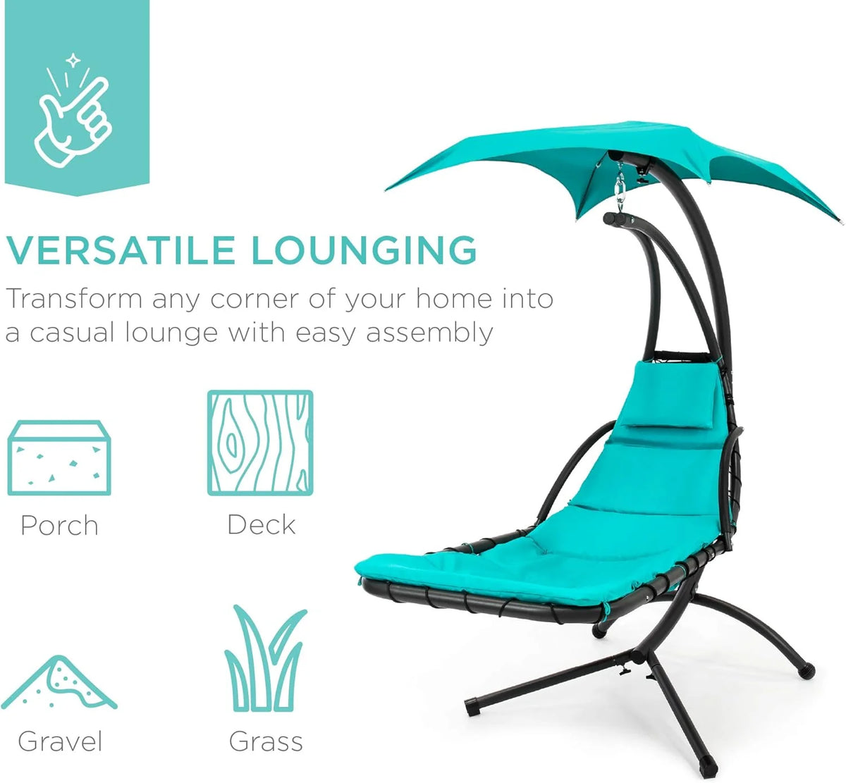 Best Choice Products Outdoor Hanging Curved Steel Chaise Lounge Chair Swing w/Built-in Pillow and Removable Canopy - Charcoal Gray