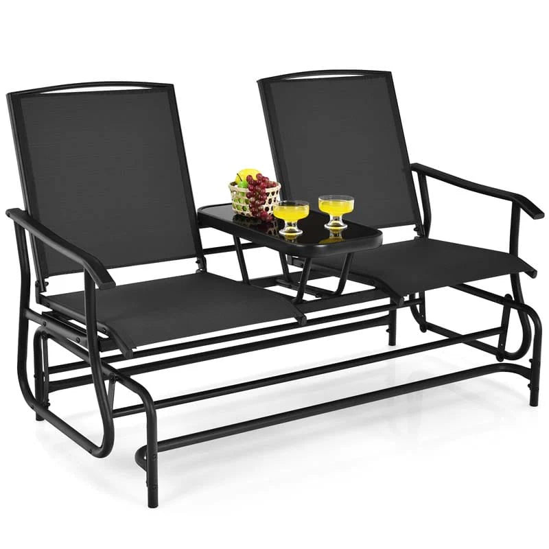 2 Person Outdoor Bench Glider Chair With Center Table Mesh Fabric Rocking Loveseat For Patio - Comfortable And Ergonomic Design