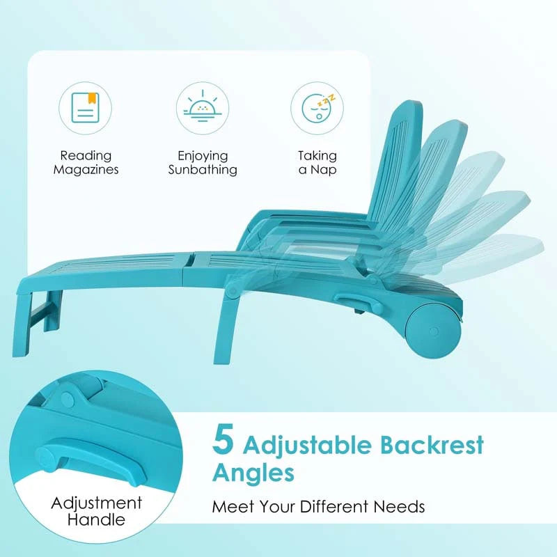 Weatherproof Folding Sun Lounger With Wheels 6 Position Plastic Outdoor Chaise Lounge Chair For Pool Beach Lawn - Comfortable And Ergonomic Design