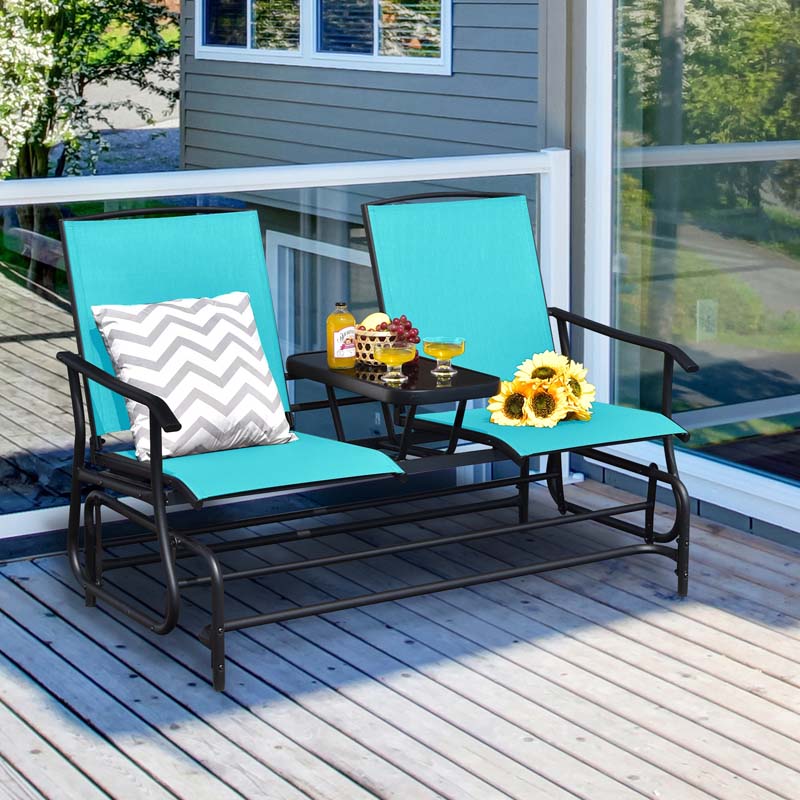 2 Person Outdoor Bench Glider Chair With Center Table Mesh Fabric Rocking Loveseat For Patio - Comfortable And Ergonomic Design