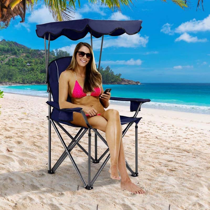 Outdoor Canopy Chair Portable Folding Beach Chair With 2 Cup Holders 600D Pvc Fabric Camping Chair Lawn Chair - Comfortable And Ergonomic Design