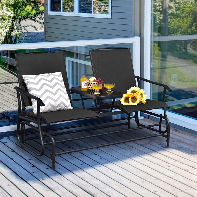 2 Person Outdoor Bench Glider Chair With Center Table Mesh Fabric Rocking Loveseat For Patio - Comfortable And Ergonomic Design