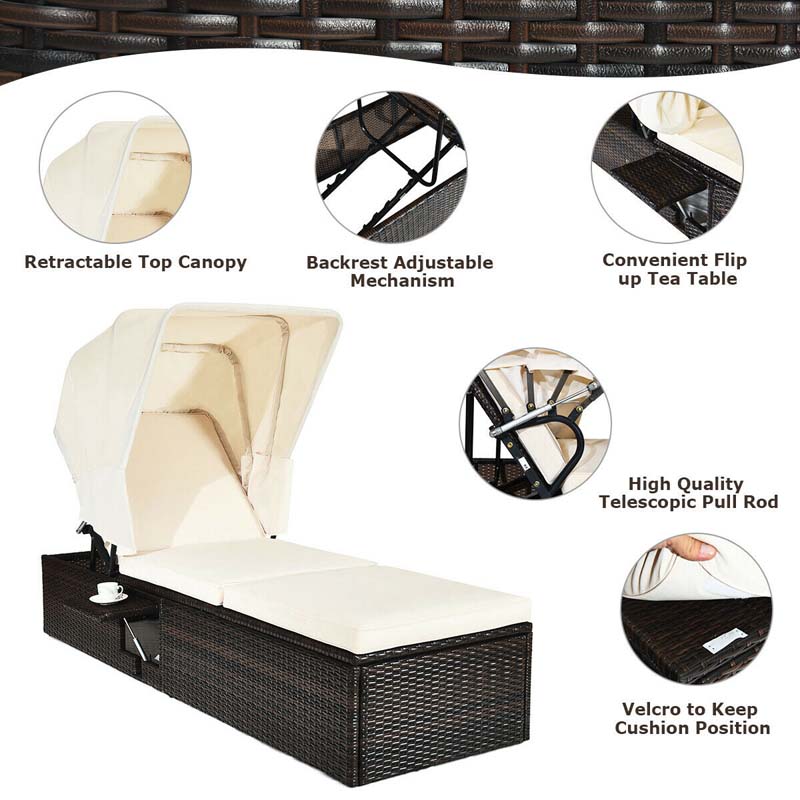 Cushioned Rattan Outdoor Chaise Lounge Chair Sun Lounger 5 Position With Folding Canopy Amp Flip Up Tea Table - Comfortable And Ergonomic Design