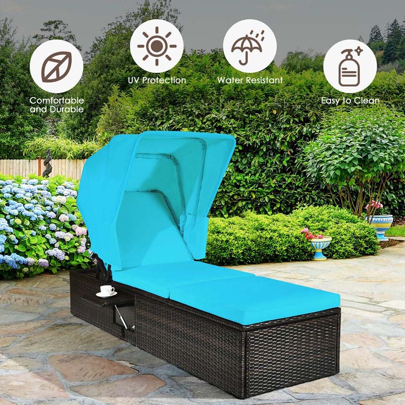 Cushioned Rattan Outdoor Chaise Lounge Chair Sun Lounger 5 Position With Folding Canopy Amp Flip Up Tea Table - Comfortable And Ergonomic Design