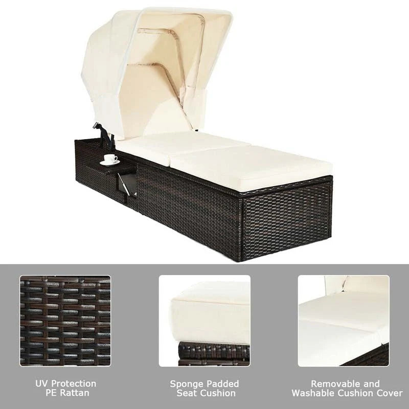 Cushioned Rattan Outdoor Chaise Lounge Chair Sun Lounger 5 Position With Folding Canopy Amp Flip Up Tea Table - Comfortable And Ergonomic Design