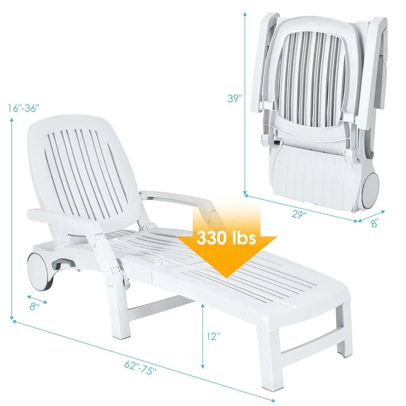 Weatherproof Folding Sun Lounger With Wheels 6 Position Plastic Outdoor Chaise Lounge Chair For Pool Beach Lawn - Comfortable And Ergonomic Design