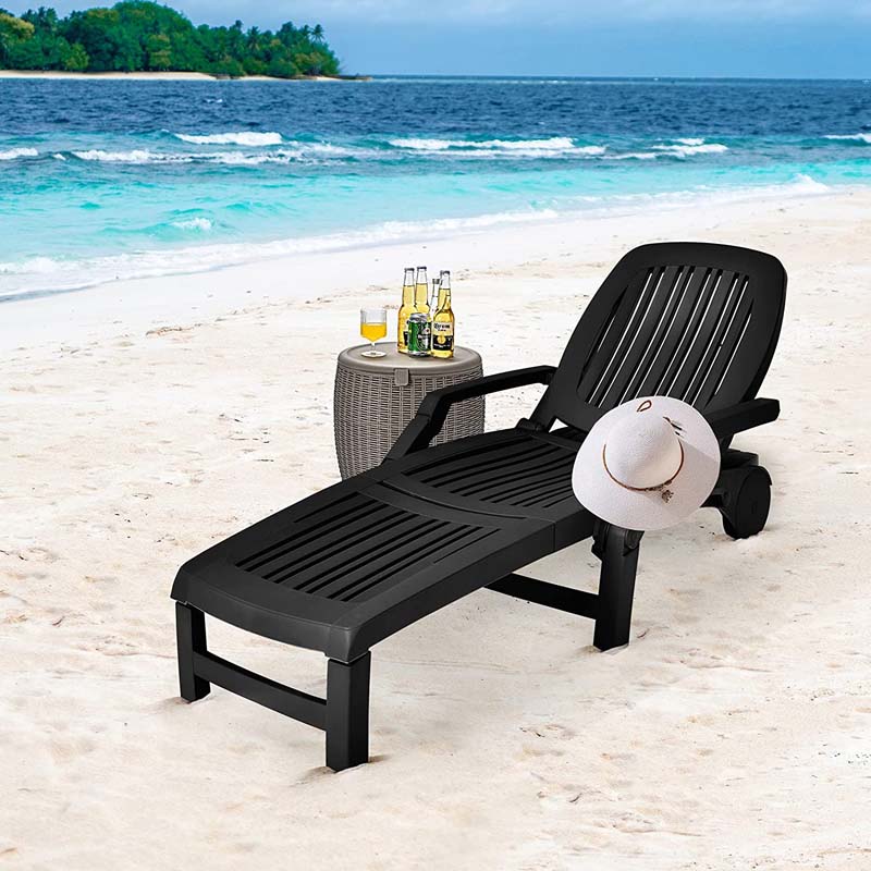Weatherproof Folding Sun Lounger With Wheels 6 Position Plastic Outdoor Chaise Lounge Chair For Pool Beach Lawn - Comfortable And Ergonomic Design