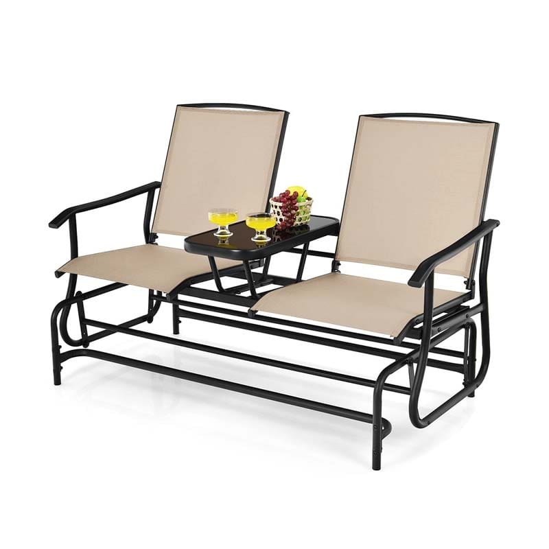 2 Person Outdoor Bench Glider Chair With Center Table Mesh Fabric Rocking Loveseat For Patio - Comfortable And Ergonomic Design