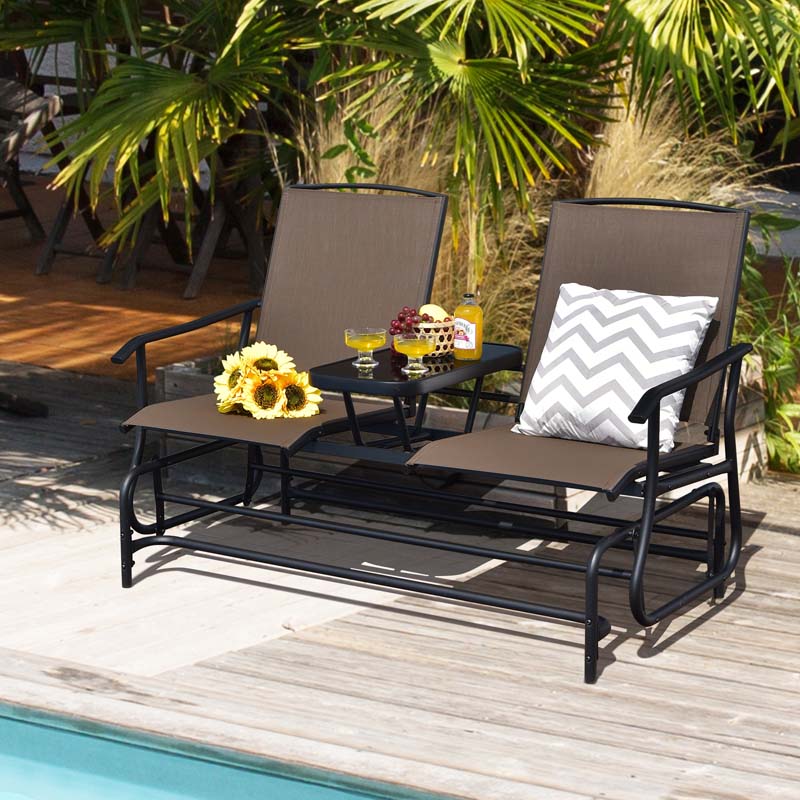 2 Person Outdoor Bench Glider Chair With Center Table Mesh Fabric Rocking Loveseat For Patio - Comfortable And Ergonomic Design
