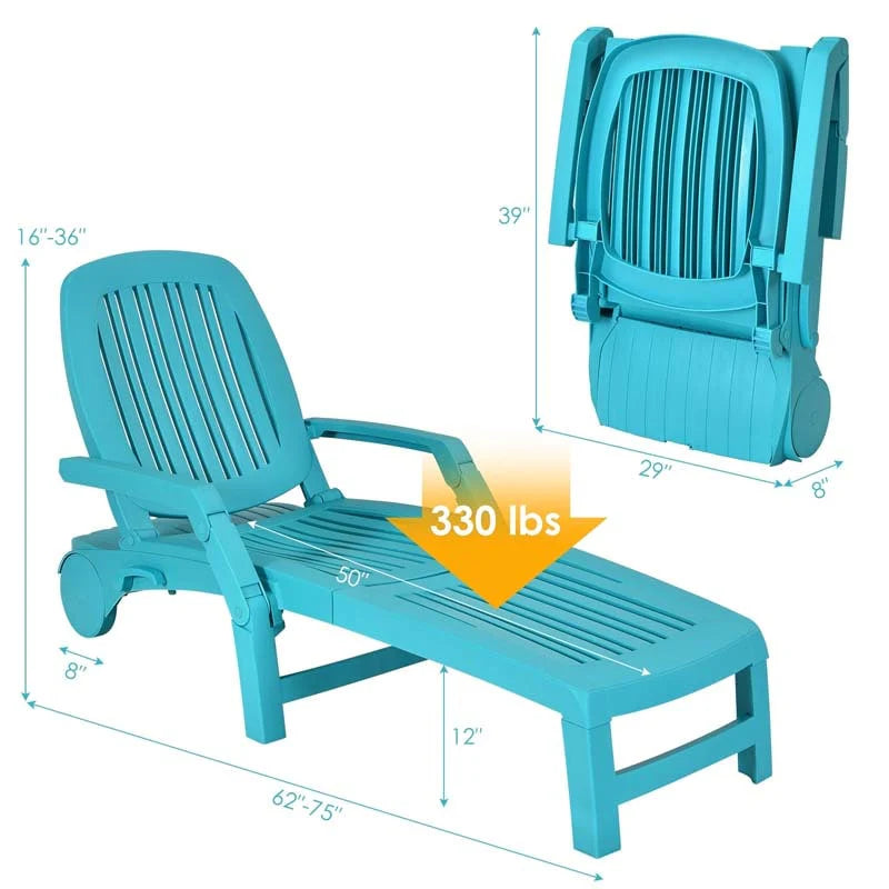 Weatherproof Folding Sun Lounger With Wheels 6 Position Plastic Outdoor Chaise Lounge Chair For Pool Beach Lawn - Comfortable And Ergonomic Design