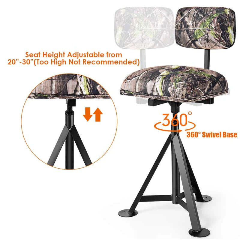 360Deg Camo Swivel Hunting Chair For Outdoor Activities Height Adjustable Tripod Blind Stool Chair With Detachable Backrest Padded Seat - Comfortable And Ergonomic Design